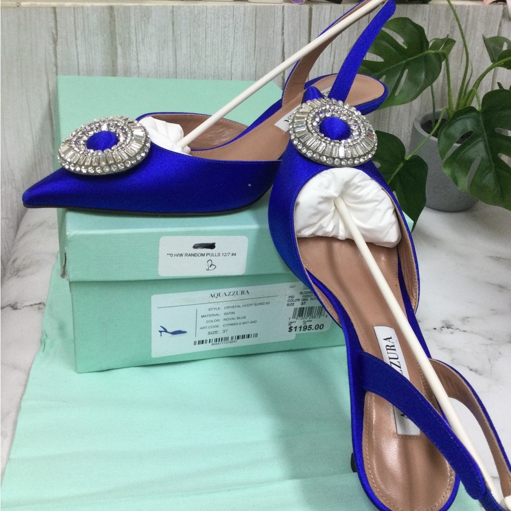 NWT. AQUAZZURA Royal Blue (Rare) Satin Embellished Slingback Heels